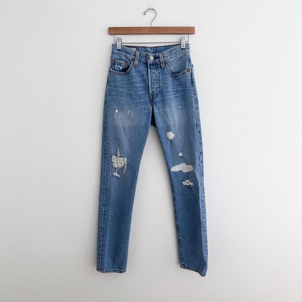 Levis 501 Original Fit Womens Jeans Size 24 Distressed Medium Wash Button Fly
